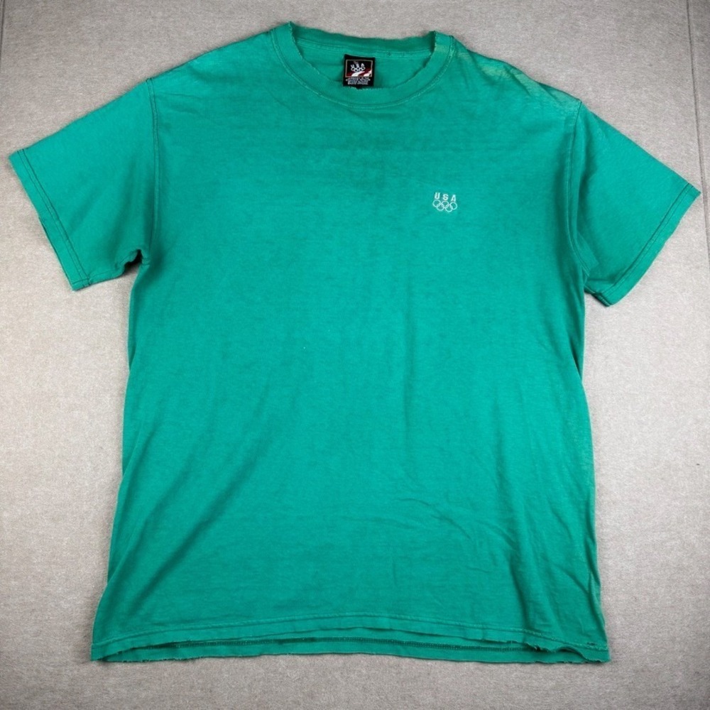 Vintage USA Olympics Shirt Mens L Green Embroidered Athletic Tee Distressed
